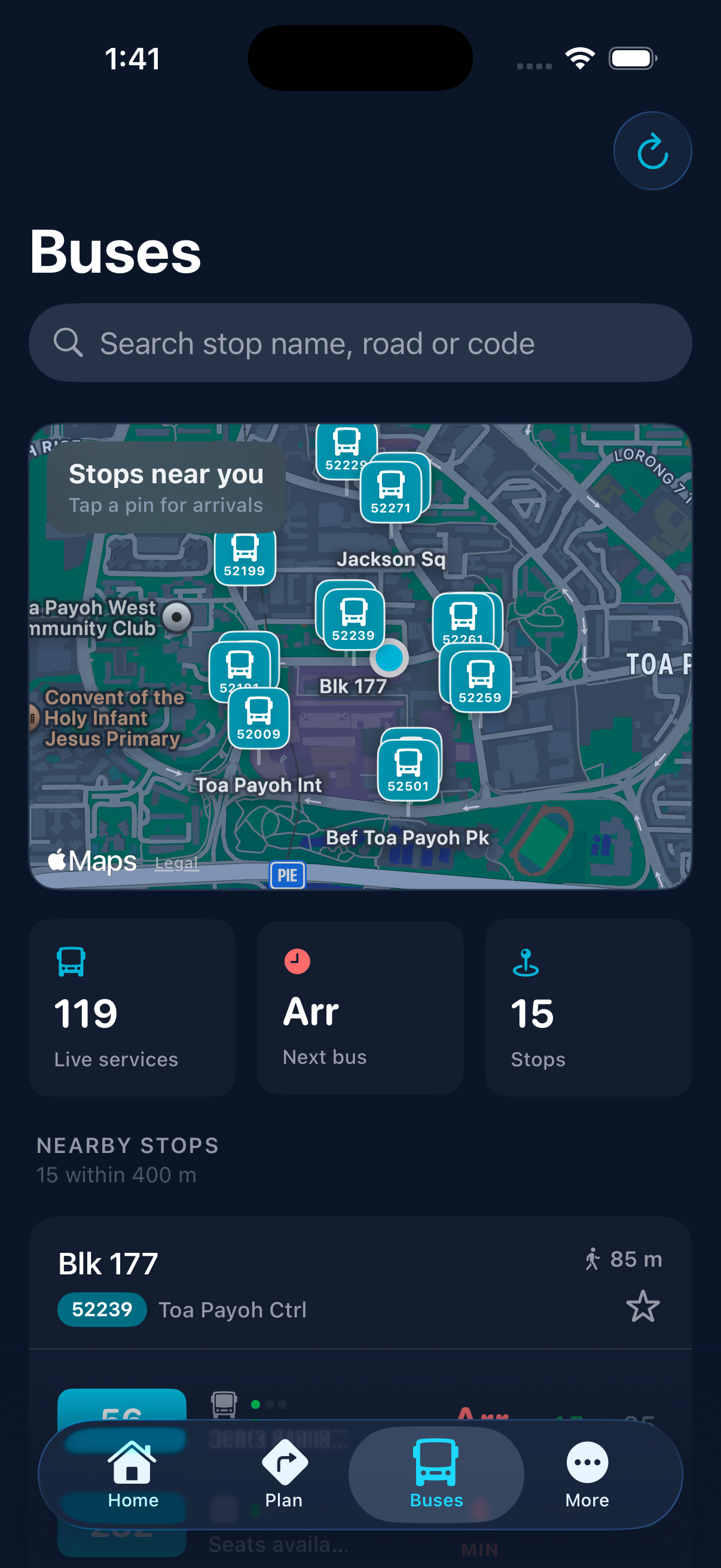 Buses tab showing a map of Toa Payoh with bus stop pins and 119 live services nearby