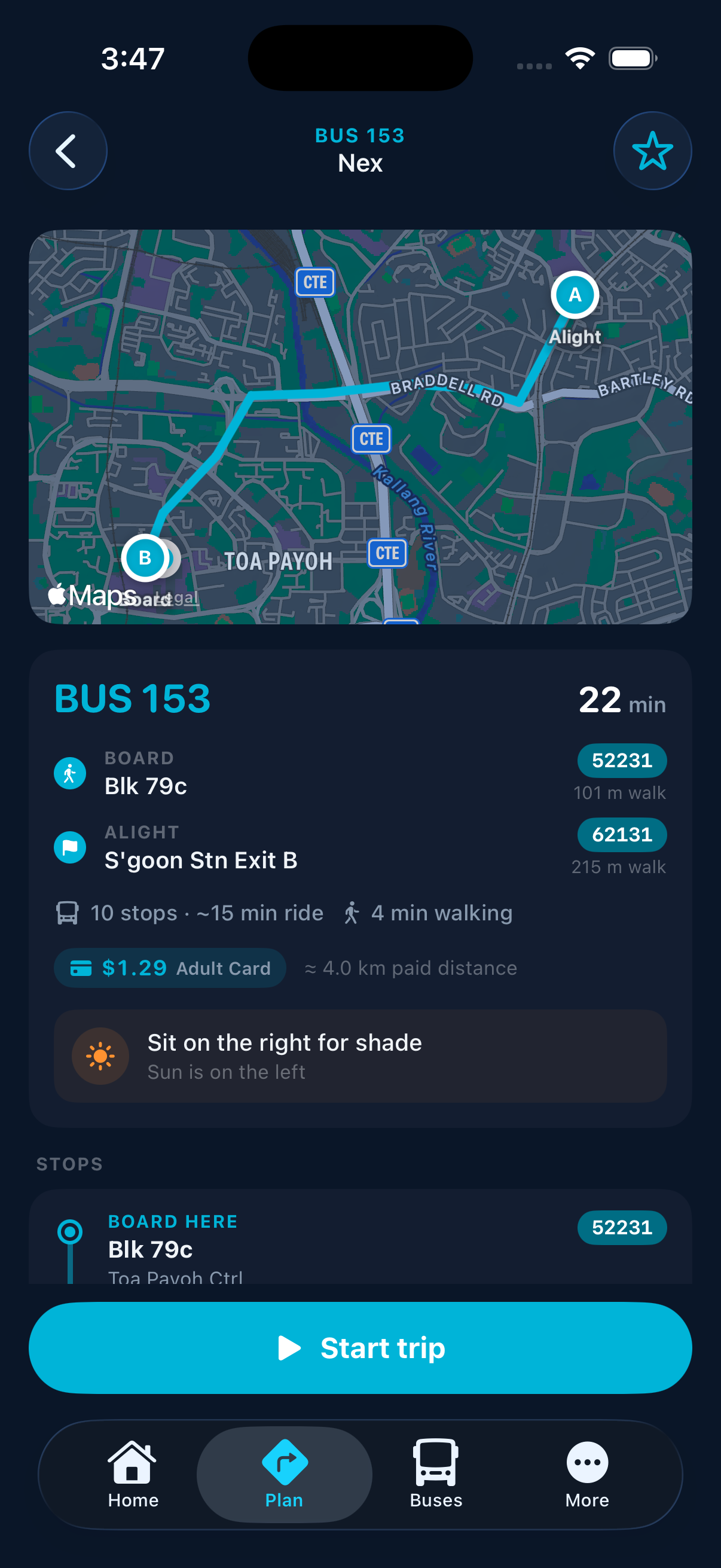 Trip preview for Bus 153 to NEX: route map, boarding and alighting stops, fare, and the shade-side seating tip